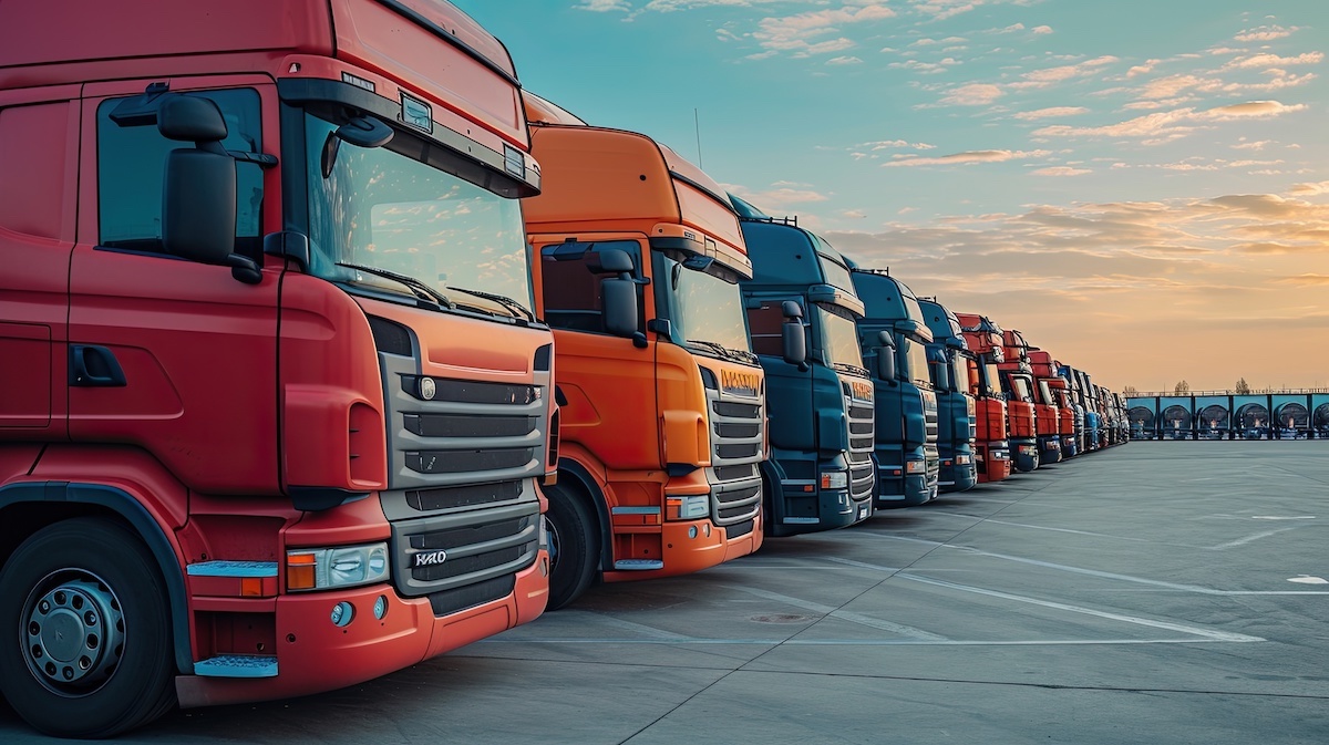 Fleet of trucks parked at parking lot yard of delivery company. Truck transport. Logistic industry. Commercial truck for delivering goods from warehouse.